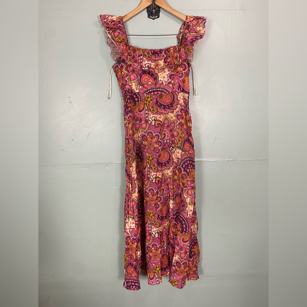 Zimmermann Fiesta Ruffle Midi Dress Size 8 Paisley Floral Linen Purple Pink - Picture 2 of 9